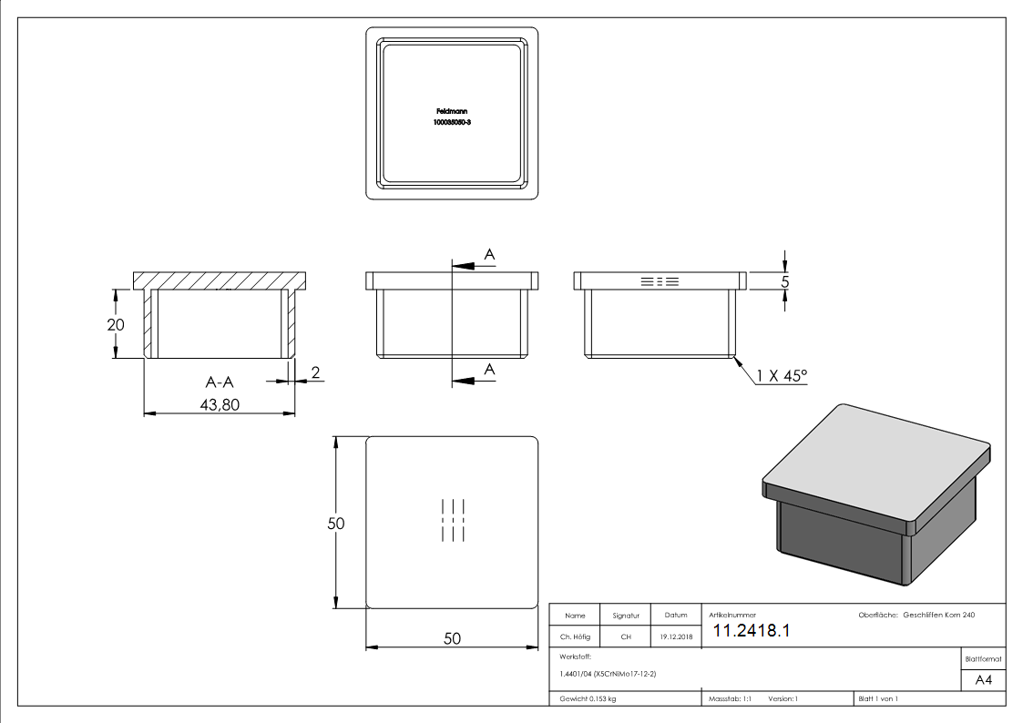 Einsteckkappe V4A Edelstahl fuer Quadratrohr 50 x 50 x 3-0 mm-11-2418.1