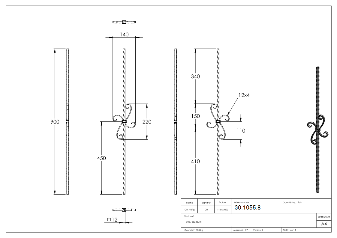 Zierstab | Länge: 900 mm | Material: 12x12 mm | gehämmert | Stahl (Roh) S235JR