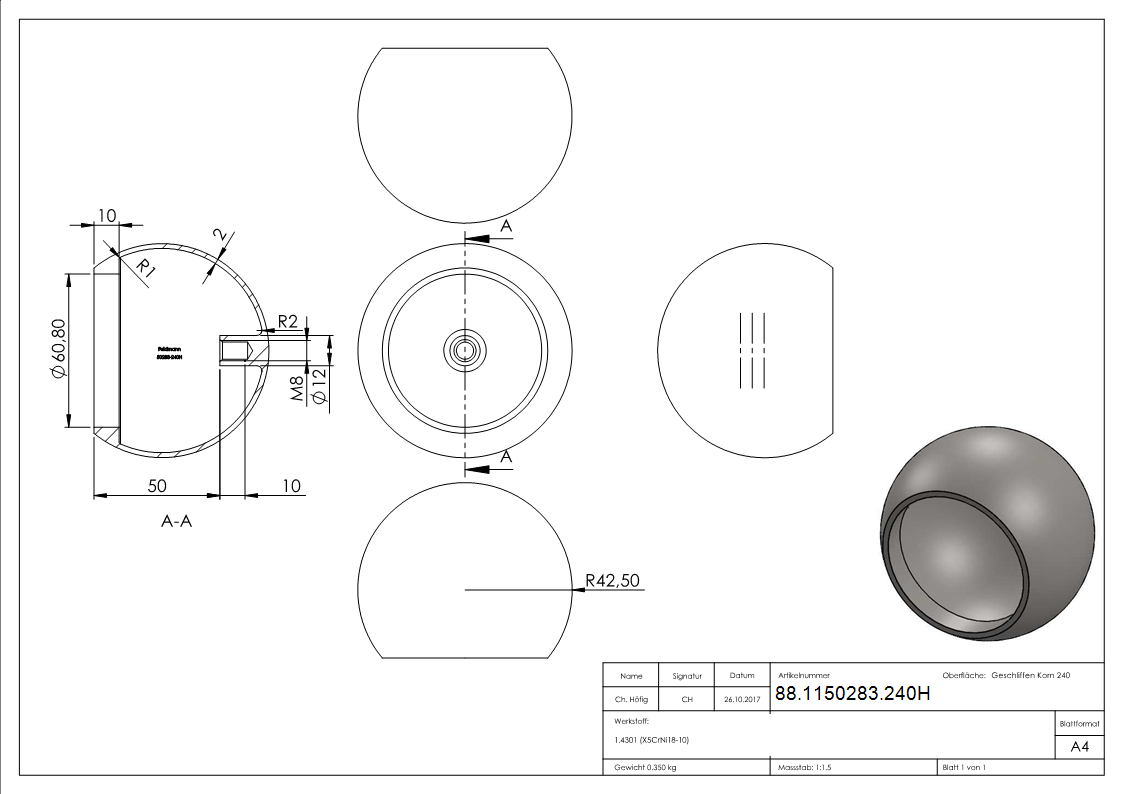 Rohrabschlusskugel hohl für 60,3mm Rohr, mit M8