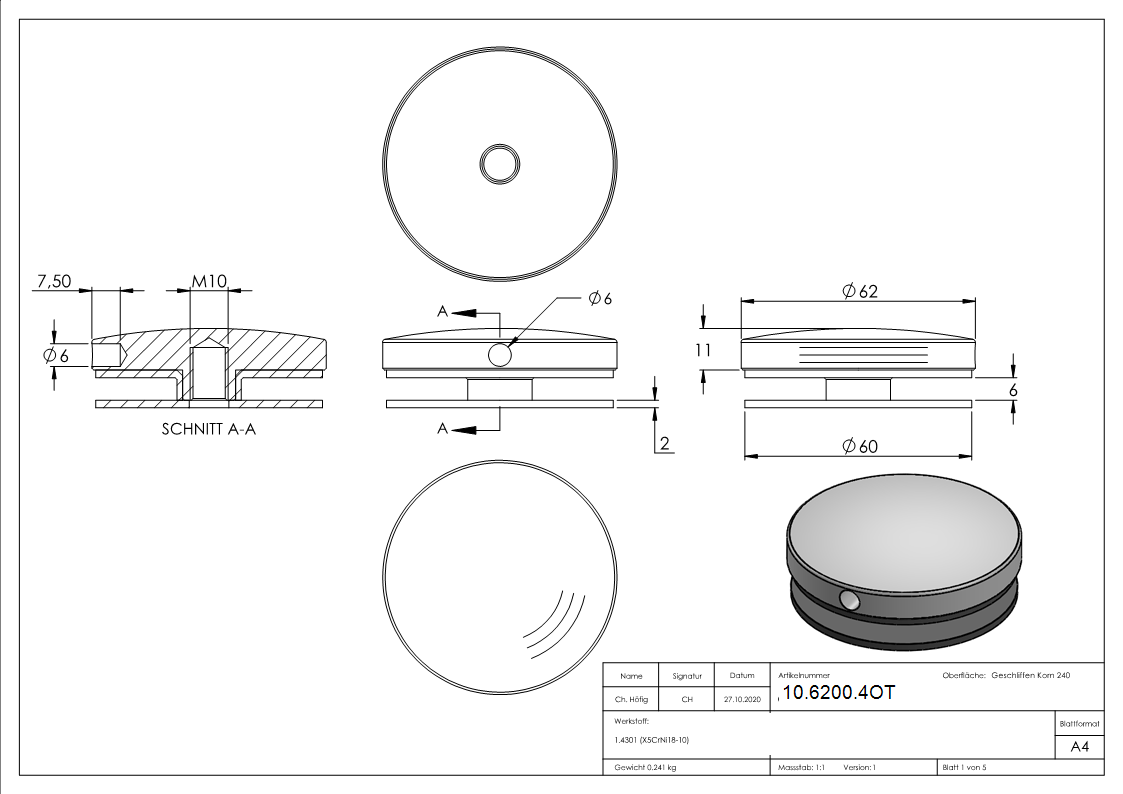 Glas-Punkthalter Oberteil | Ø 62 mm | V2A