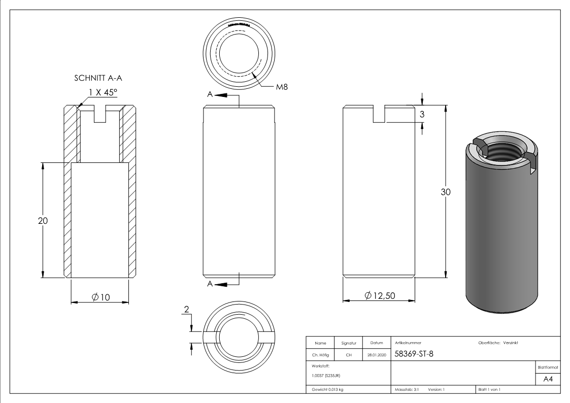 Rampa-Muffe M8 x 30, Stahl verzinkt