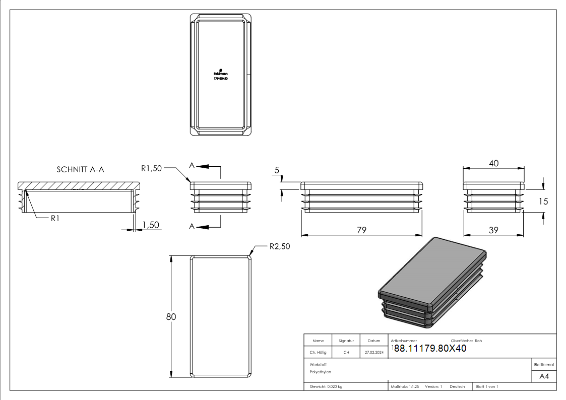 Kunststoffkappe für Rechteckrohr 80x40mm