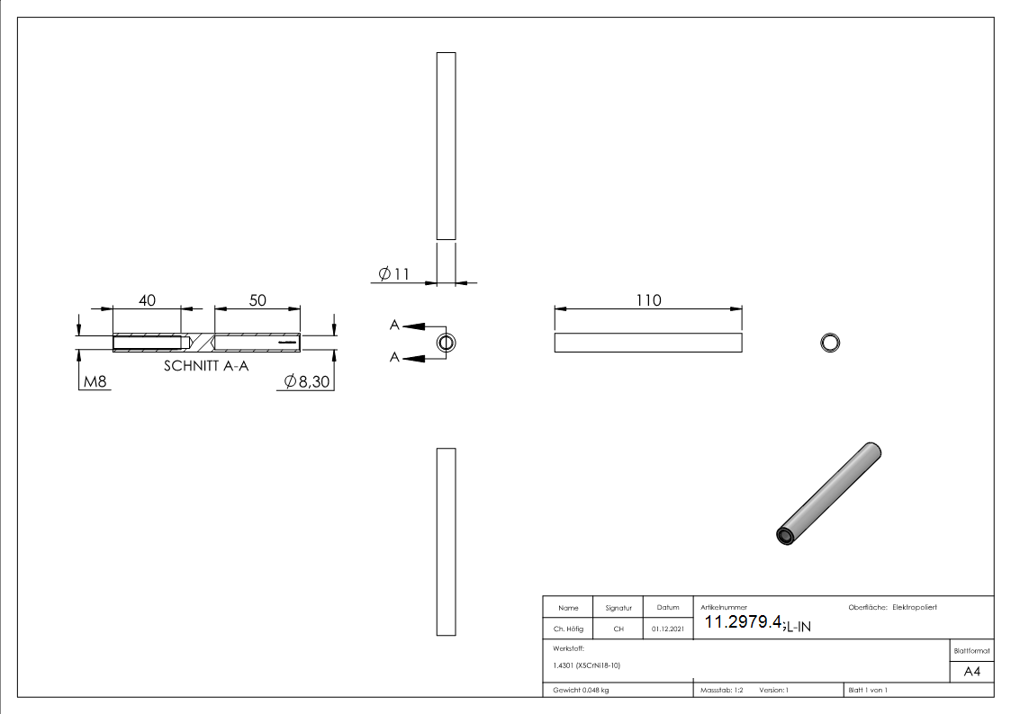 Gewindeterminal mit Innengewinde - Linksgewinde - Fuer Seil von Ø 8 mm -V2A-11-2979.4
