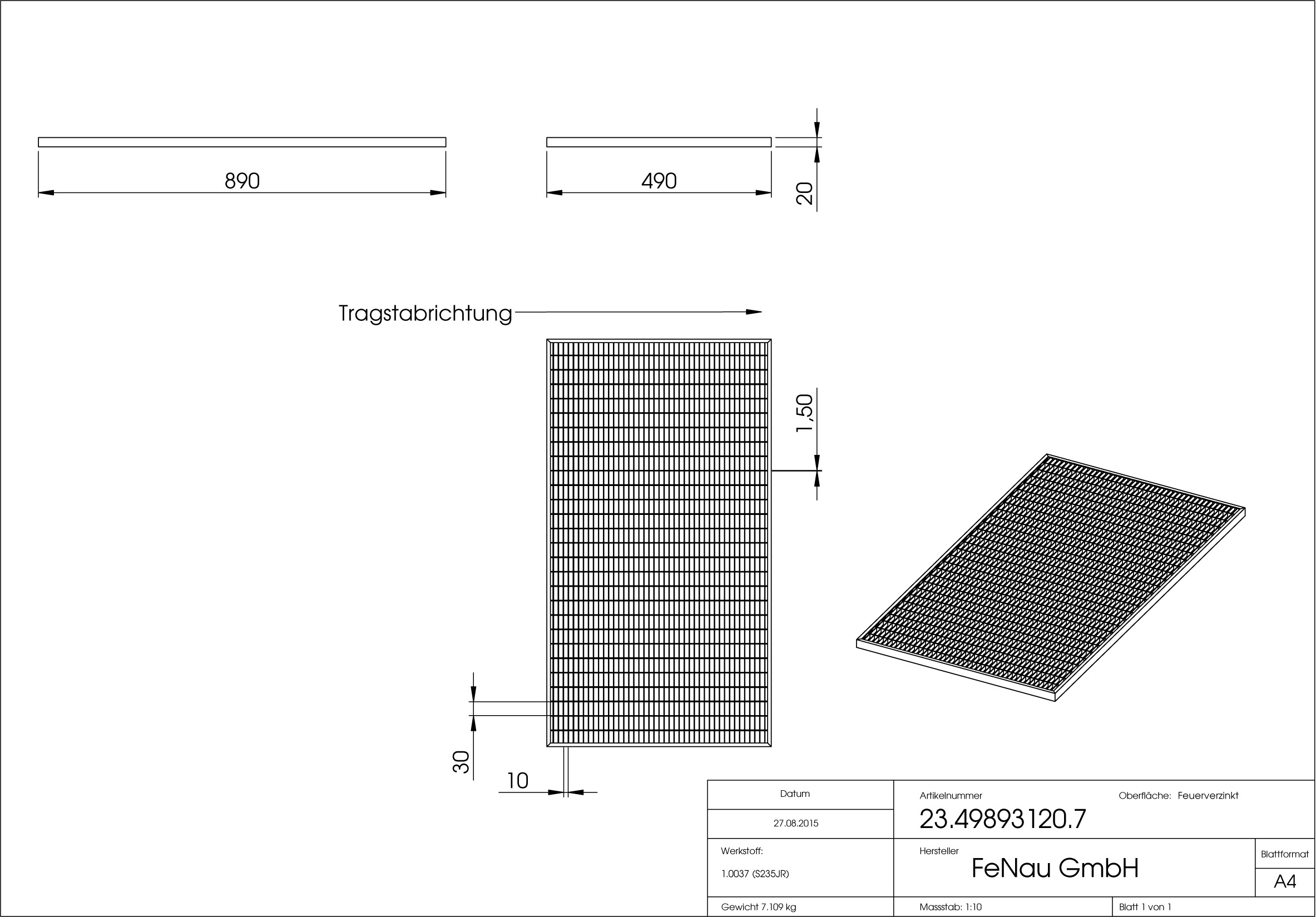 Lichtschachtrost Baunormrost | Maße:  490x890x20 mm 30/10 mm | aus S235JR (St37-2), im Vollbad feuerverzinkt