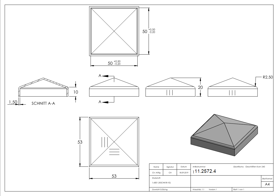 Pfostenkappe Edelstahl für Vierkantrohr: 50x50 mm geschliffen V2A
