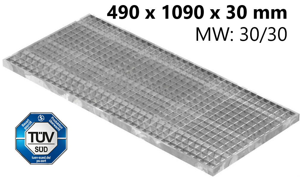 Lichtschachtrost Baunormrost | Maße:  490x1090x30 mm 30/30 mm | aus S235JR (St37-2), im Vollbad feuerverzinkt