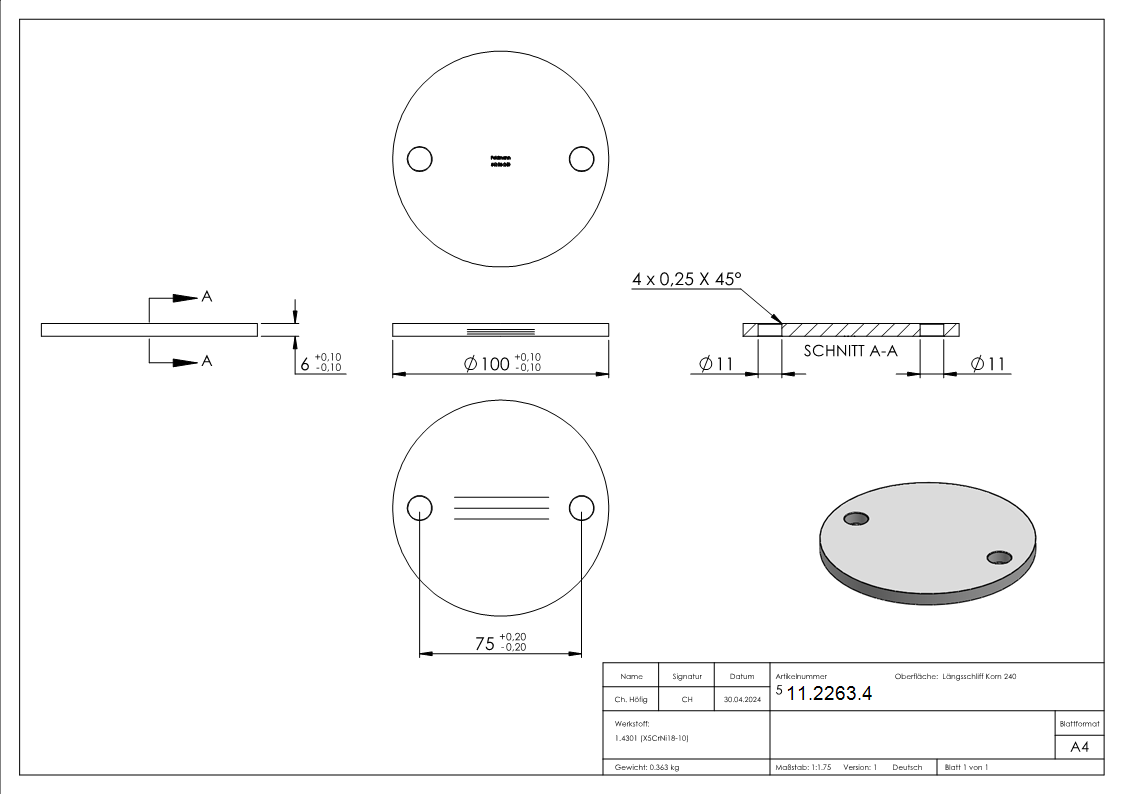 Ankerplatte Ø 100 x 6 mm mit 2 Bohrungen á Ø 11 mm V2A-11-2263.4