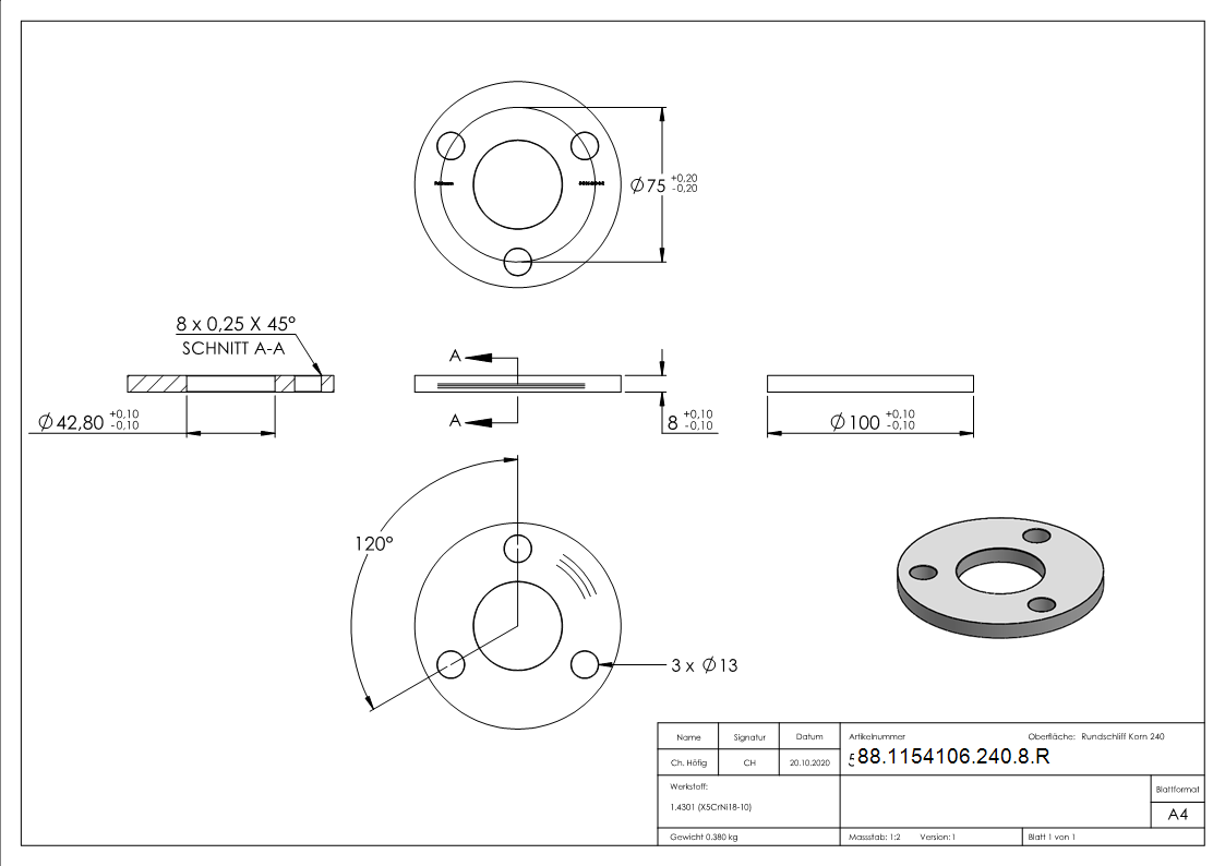 Ankerplatte Ø 100 x 8mm- mit Rundschliff- V2A-88-1154106-240-8.R