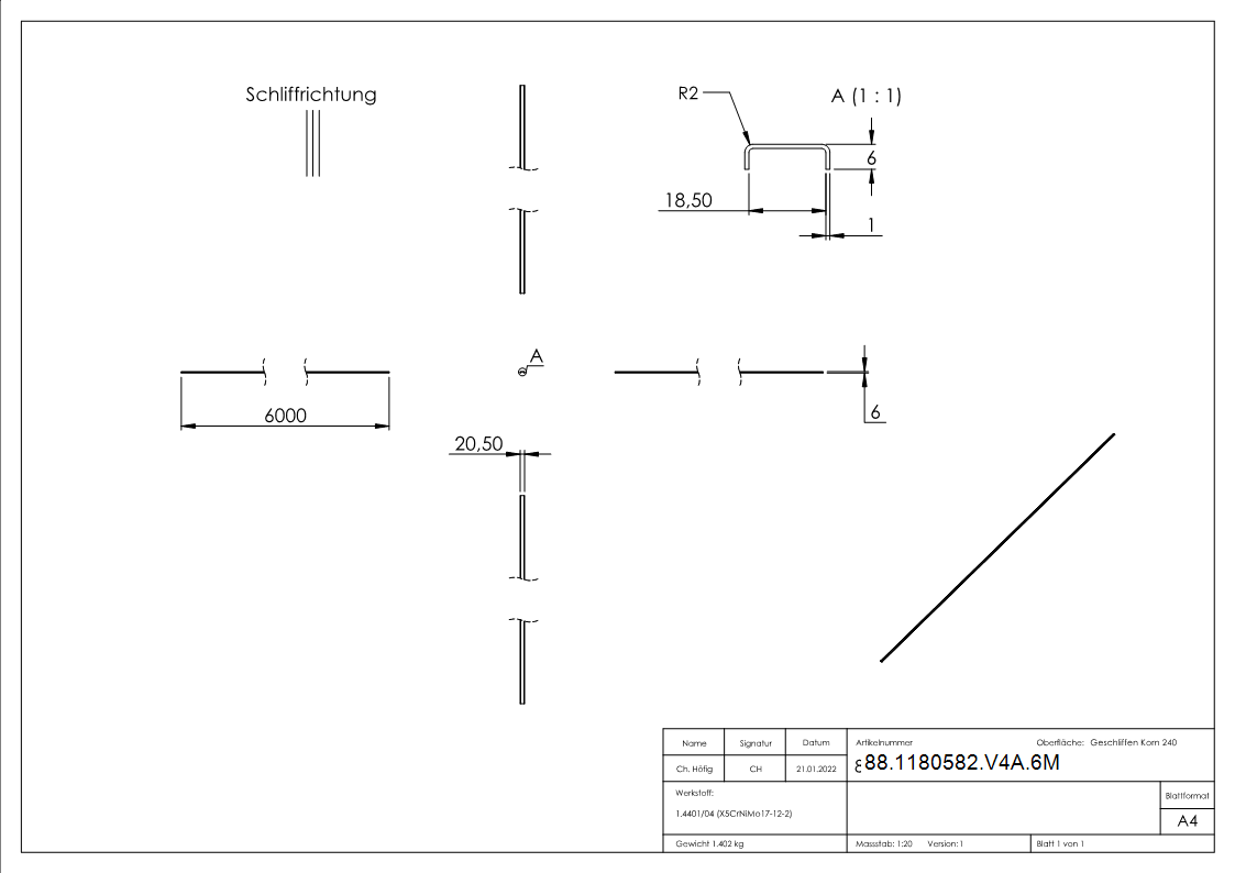 Kantenschutz EXTRA SLIM Edelstahl V4A fuer Glas 16-00–17-52 mm L = 6000 mm-88-1180582-V4A.6M