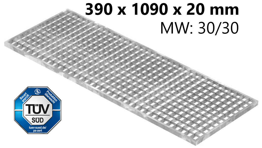 Lichtschachtrost Baunormrost - Masse-  390x1090x20 mm 30-30 mm - aus S235JR -St37-2- im Vollbad feuerverzinkt-23-391093020.7