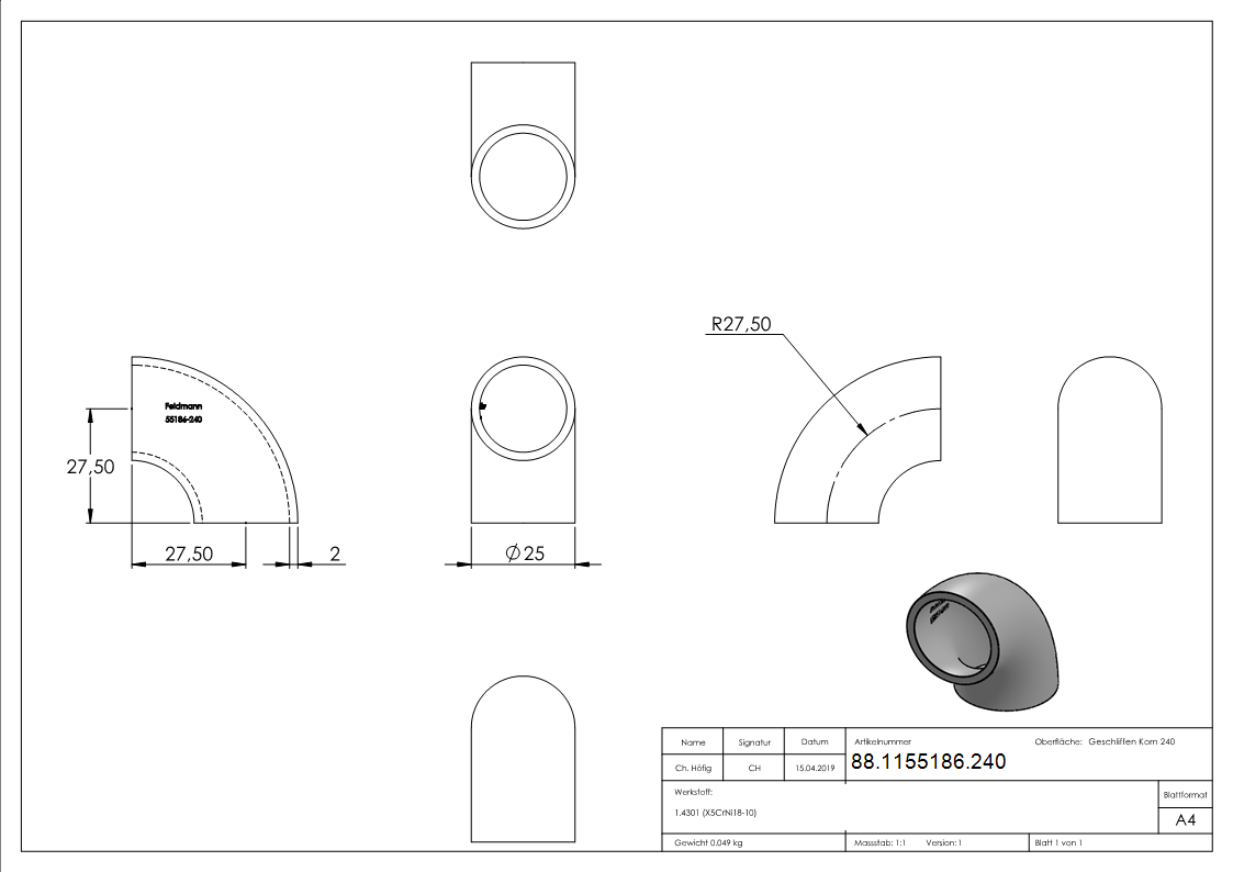Schweissbogen 90°- 25-0 x 2-0mm- V2A- Bauart 3-88-1155186.240