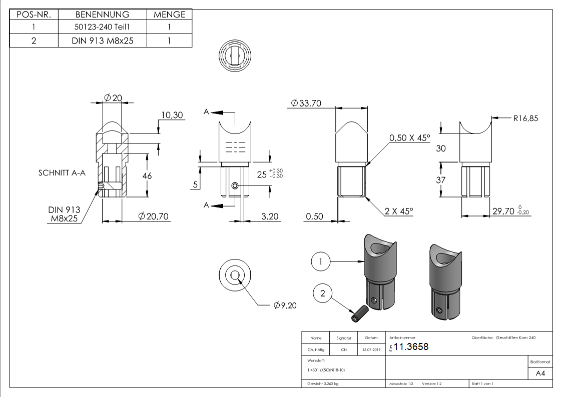 Anschlussstueck 90° fuer Rundrohr Ø 33-7x2-0 mm V2A-11-3658.4-STUeCK