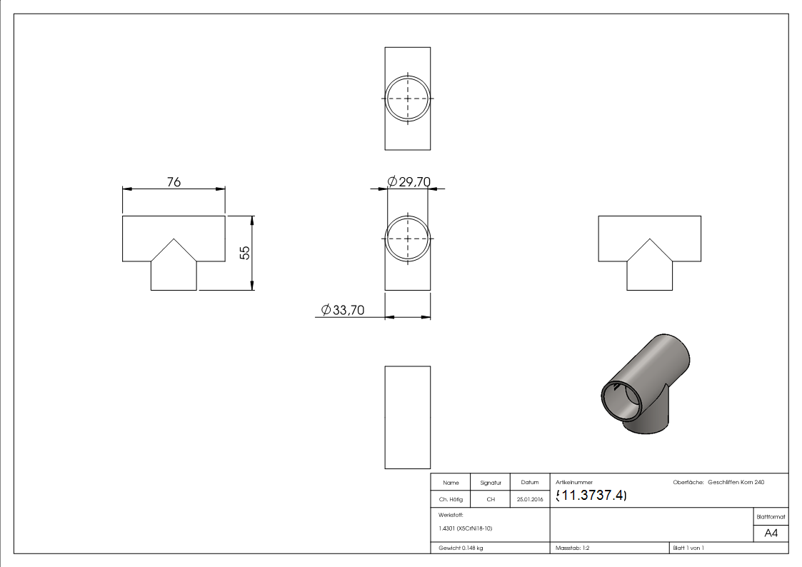 T-Stück | zum Schweißen | für Rundrohr: Ø 33,7 mm | V2A