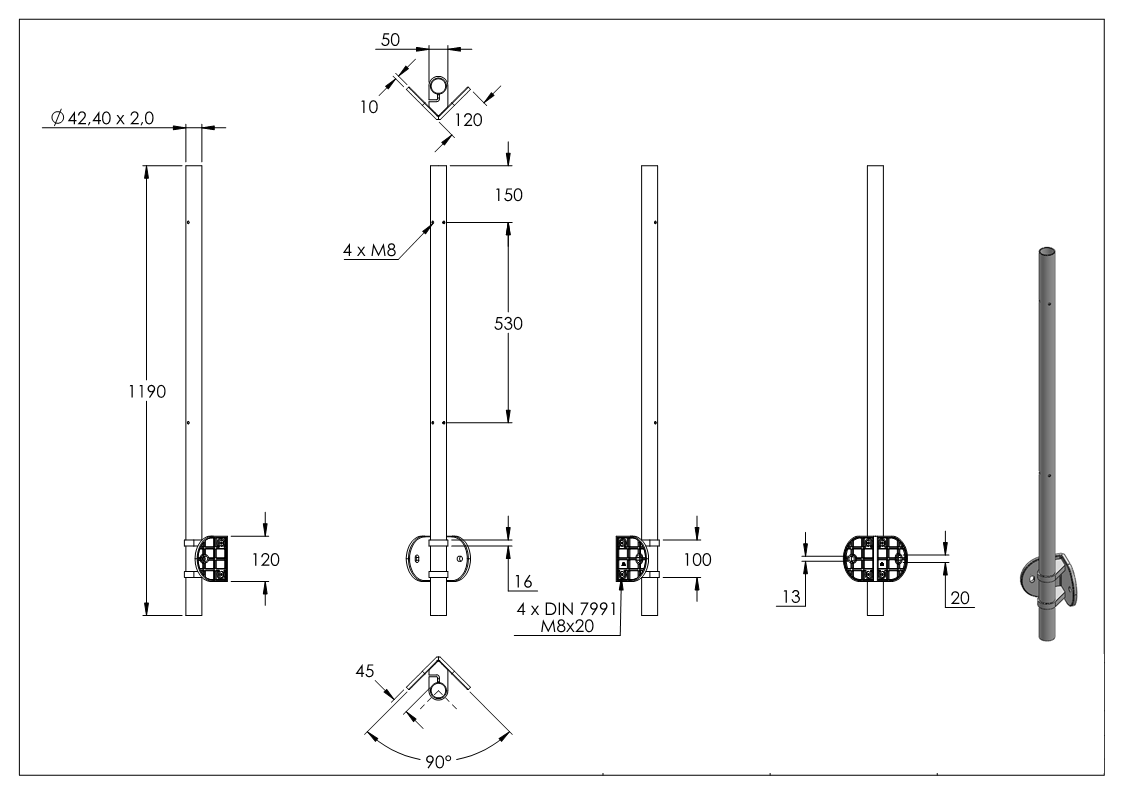 Edelstahlpfosten V2A zur Wandmontage für 90° Inneneck, Länge 1190mm