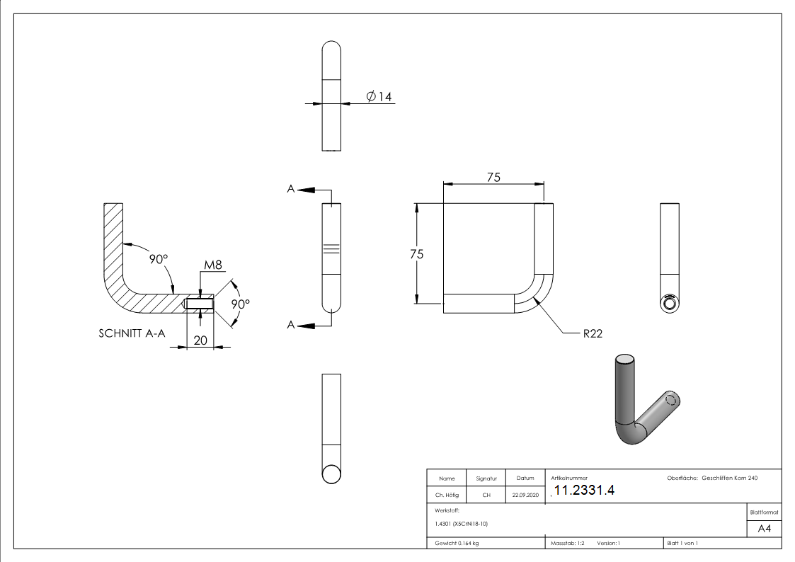 Edelstahl Buegel Ø 14 mm - M8 Innengewinde - zum Anschweissen -V2A-11-2331.4