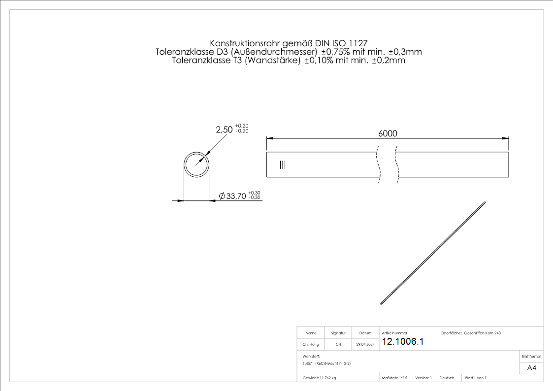 Rundrohr Ø 33,7 x 2,6 mm á 6 m Edelstahl