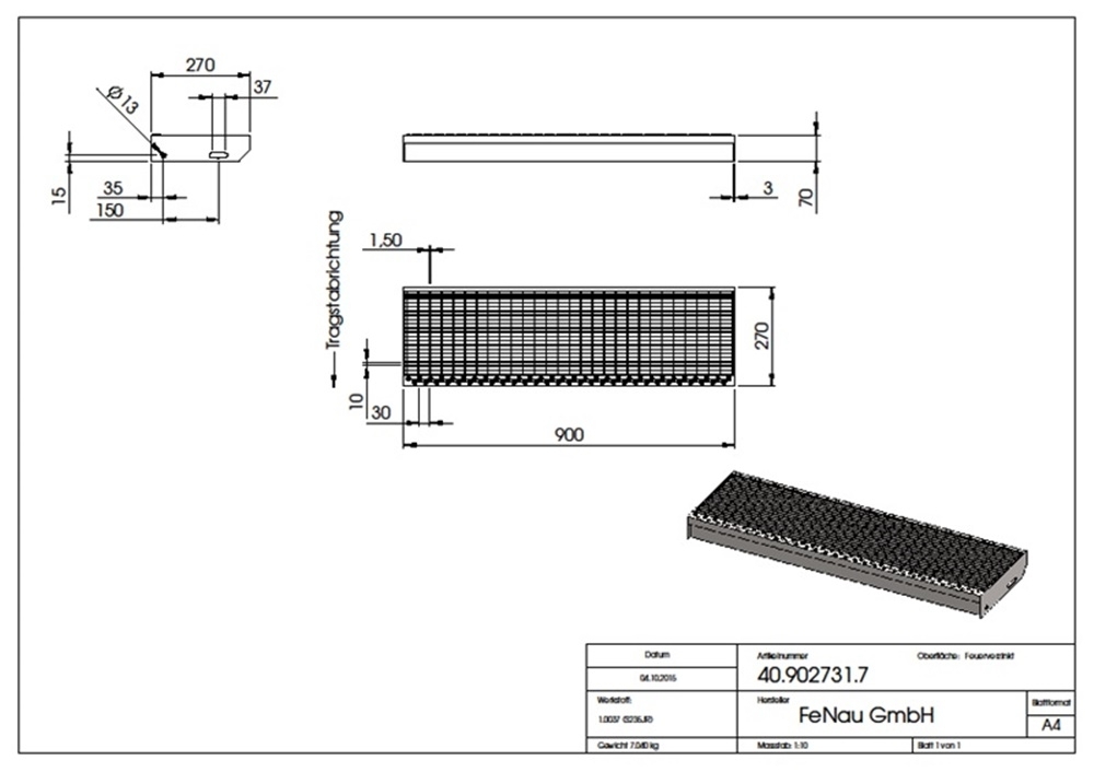 Gitterroststufe Treppenstufe Masse- 900x270 mm 30-10 mm S235JR -St37-2- im Vollbad feuerverzinkt-40-902731.7