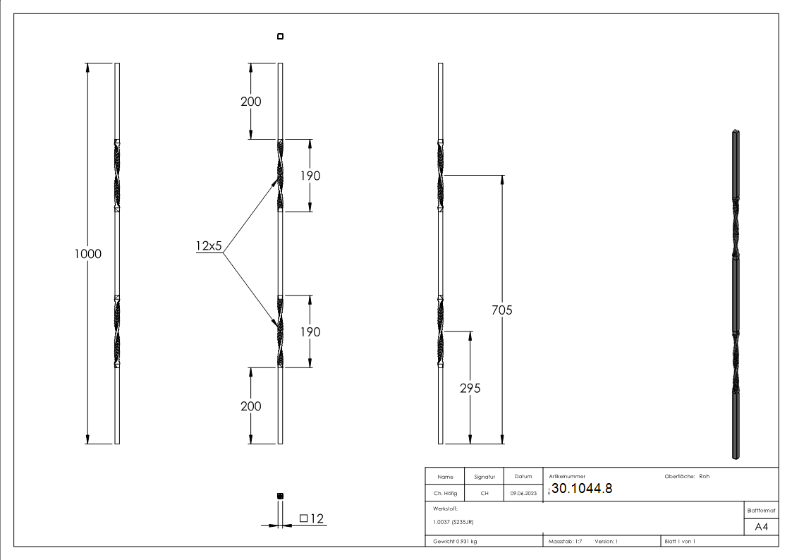 Zwischenstab | Länge: 900 mm | Material: 12x12 mm | glatt | Stahl S235JR, roh