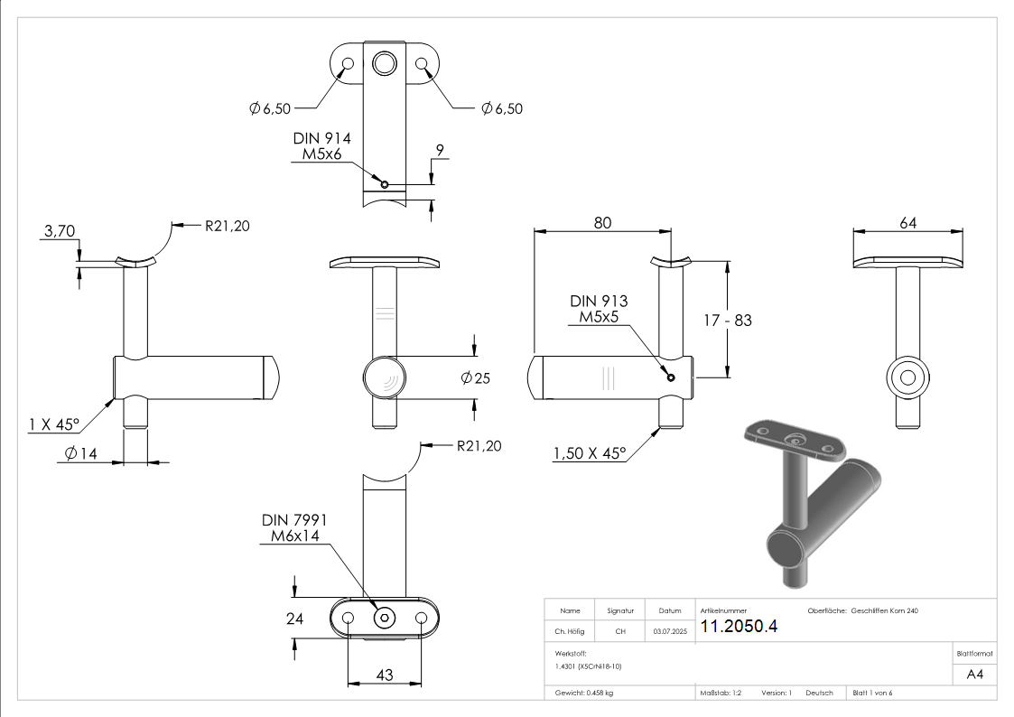 Handlaufhalter hoehenverstellbar und Halteplatte fuer Ø 42-4 mm V2A-11-2050.4
