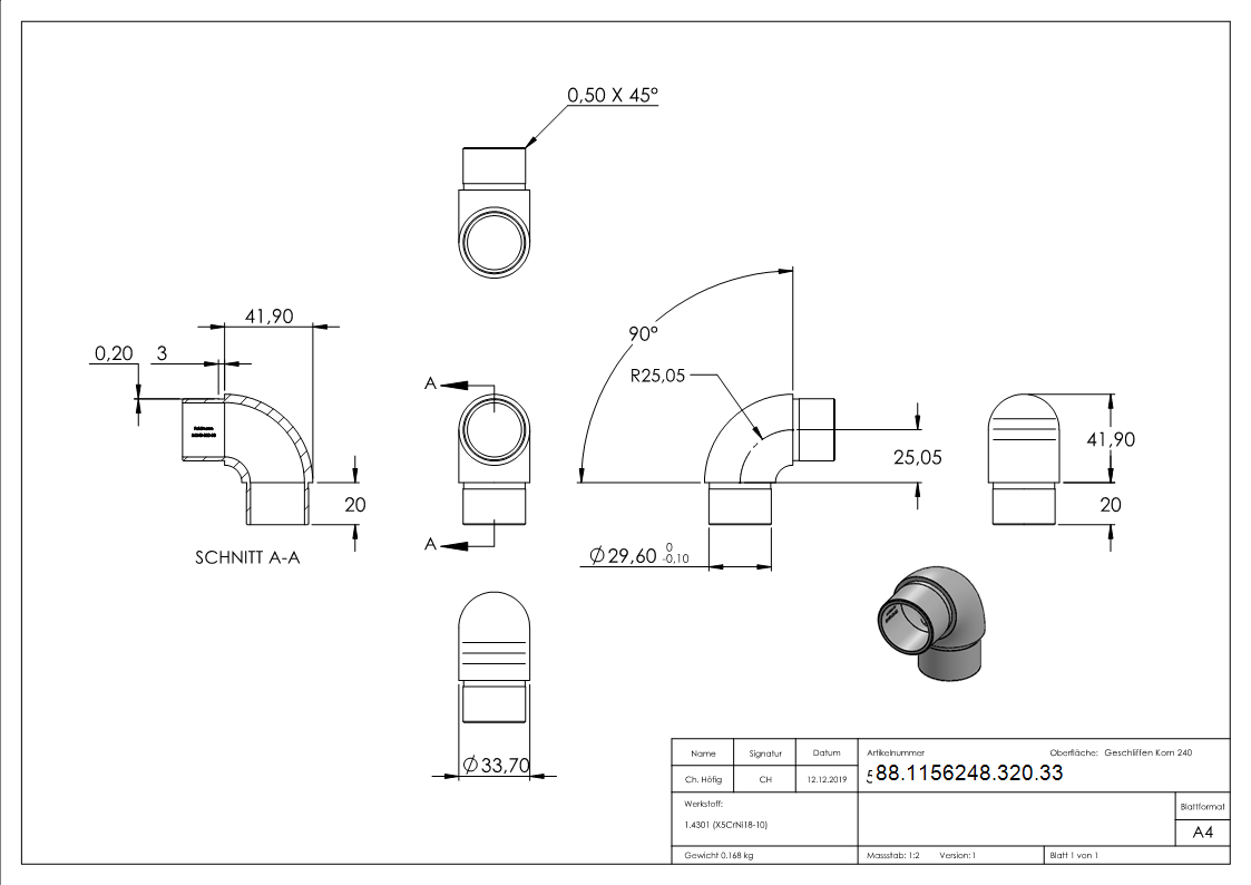 Rohrbogen 90° eng, für Rohr 33,7 x 2,0mm