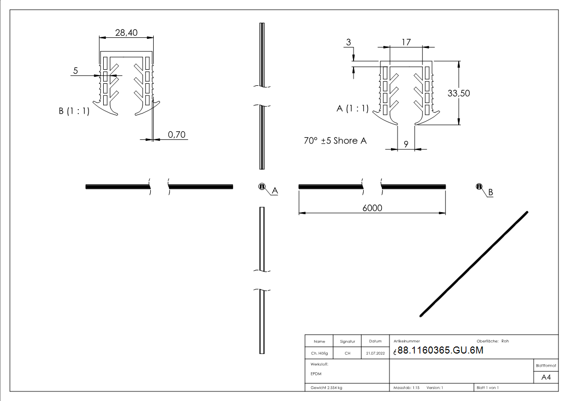 Keildichtung EPDM fuer Glas 10-00–13-52 mm- Nut 27x30 mm- L = 6000 mm-88-1160365-GU.6M