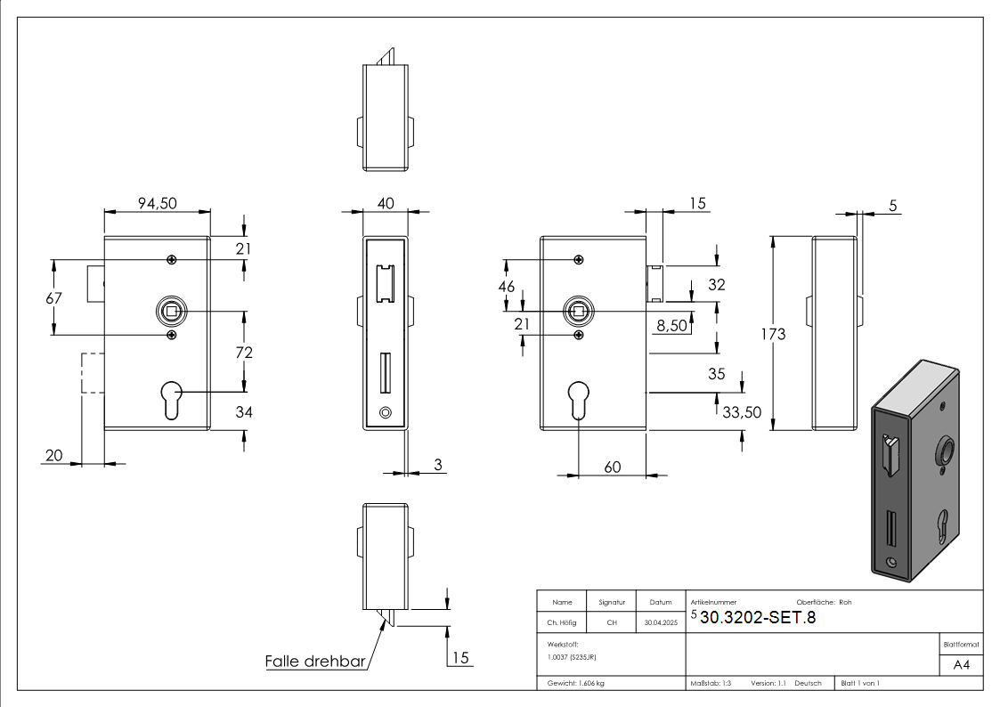 Kastenschloss Set verzinkt 40x60x173 mm eckig-30-3201-SET.8