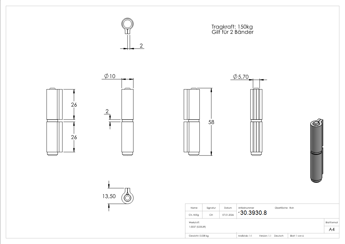 Anschweissband Stahl 2-teilig fuer 150 kg Tragkraft pro Paar-30-3930.8