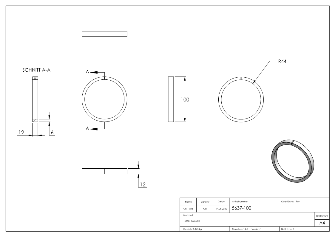 Ring | Material: 12x6 mm | Außen-Ø 100 mm | Stahl S235JR, roh