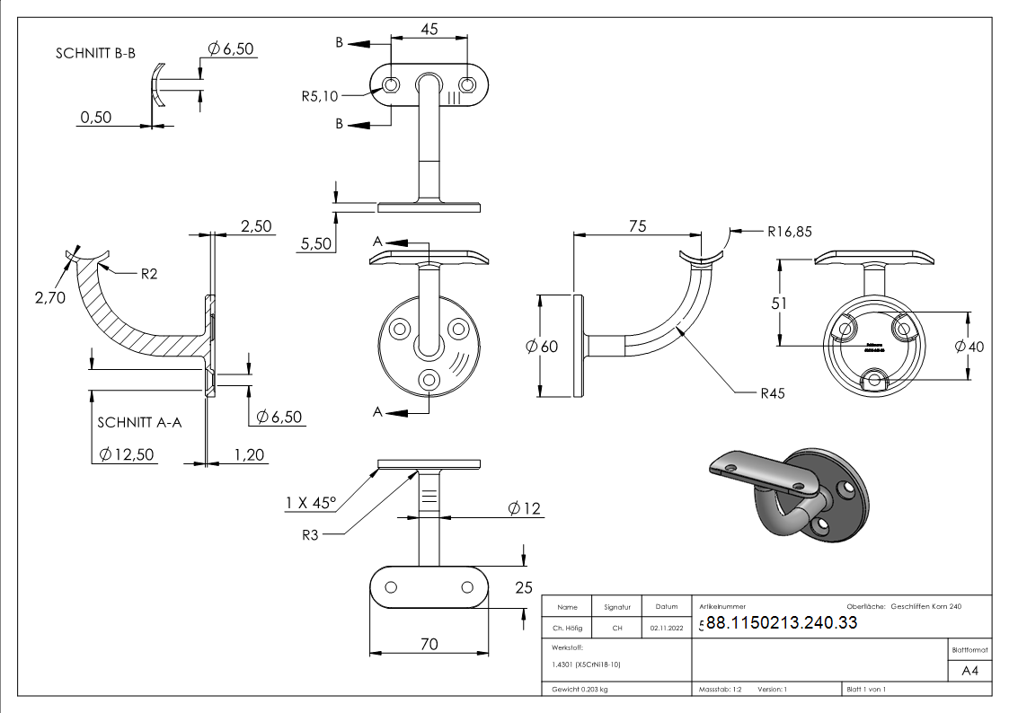 Handlaufhalter V2A fuer Rohr 33-7 mm Ronde 60x5 mm Wandabstand 75 mm verschweisst gesenkt-88-1150213-240.33
