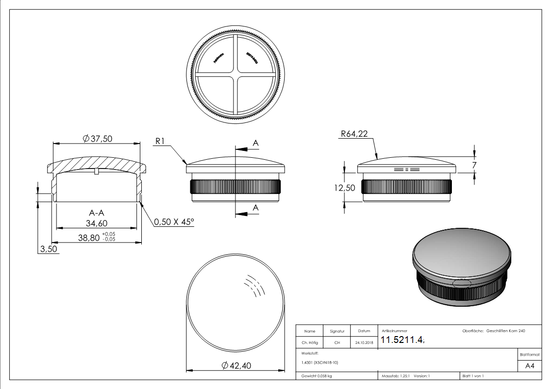 Rohrstopfen fuer Ø 42-4x2-0 mm leicht gewoelbt zum Einschlagen V2A-11-5211.4