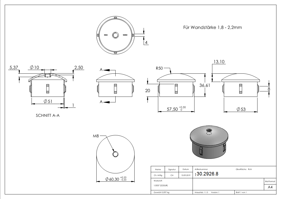 Stahlstopfen | leicht gewölbt | mit M8 | für Rundrohr Ø 60,3x1,8-2,2 mm | Stahl S235JR, roh