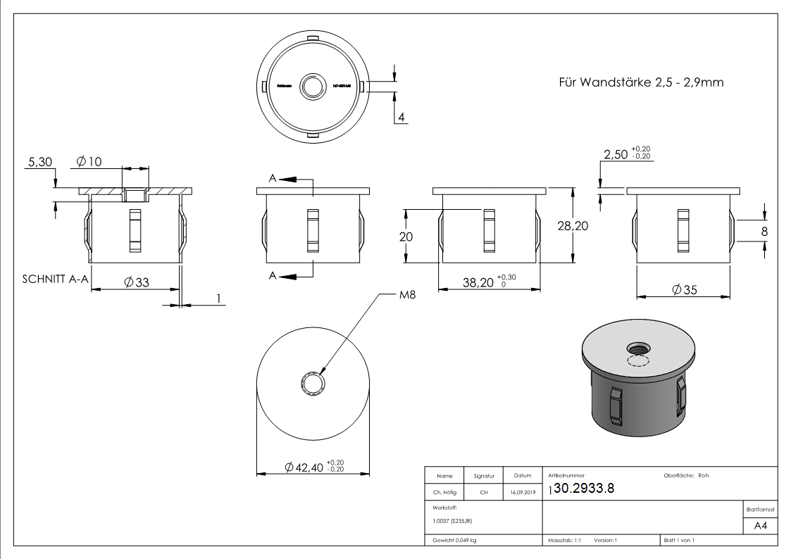 Stahlstopfen flach - mit M8 - fuer Rundrohr Ø 42-4x2-5-2-9 mm - Stahl S235JR- roh-30-2933.8