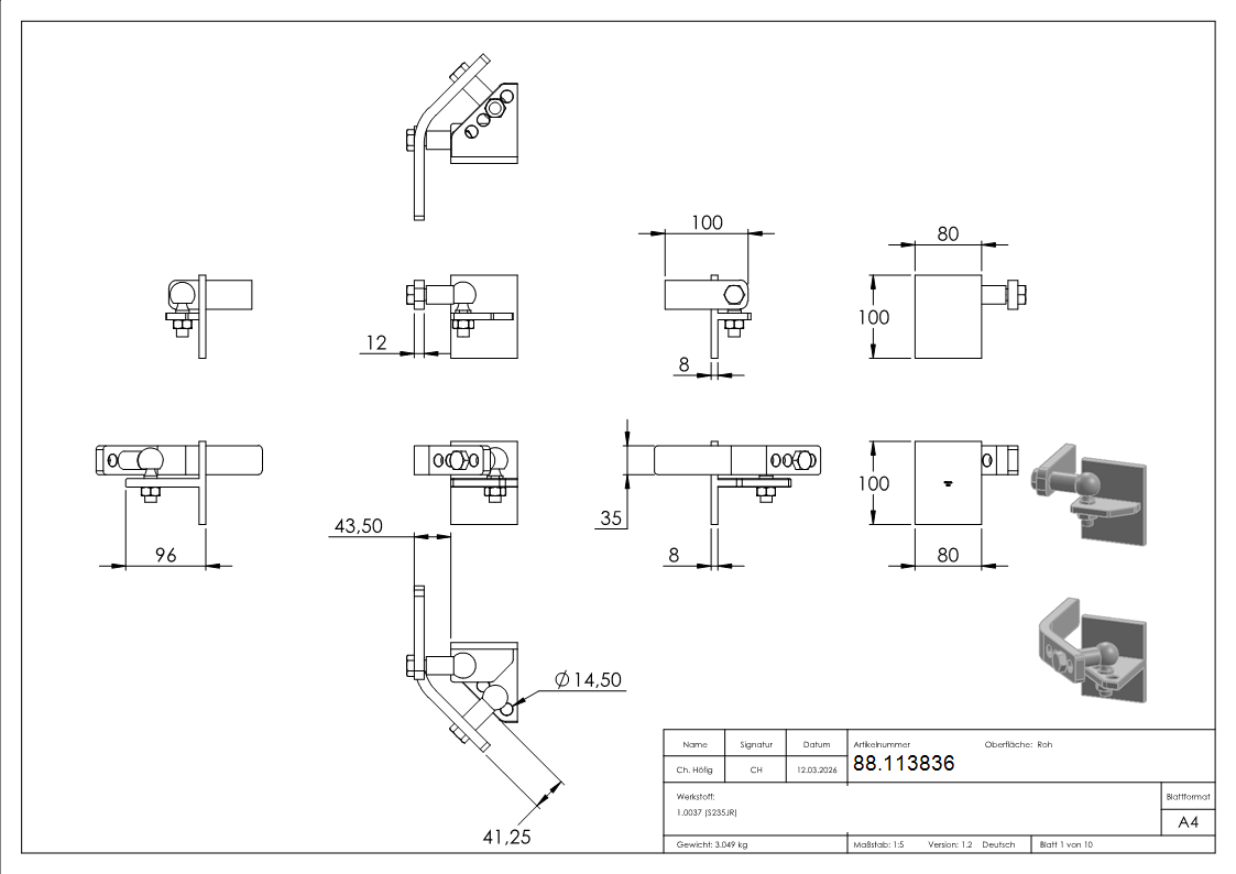 Hebetorbeschlag Stahl roh 80x100 mm Platte 200 kg zum Anschweissen-88.113836