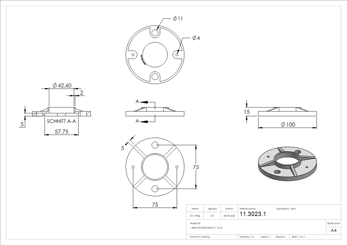 Ankerplatte  Masse- Ø 100x8 mm fuer Rundrohr- Ø 42-4 mm  roh- V4A-11-3023.1
