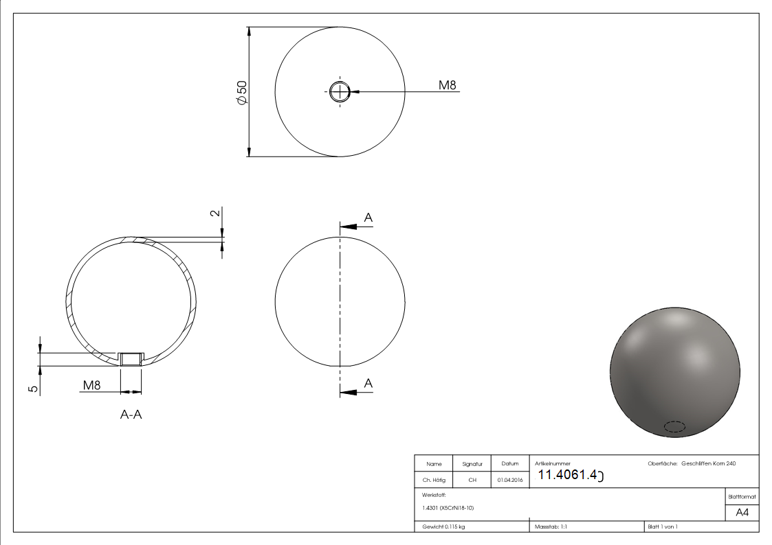Hohlkugel V2A Ø 50 mm M8 Gewinde geschliffen-11-4061.4
