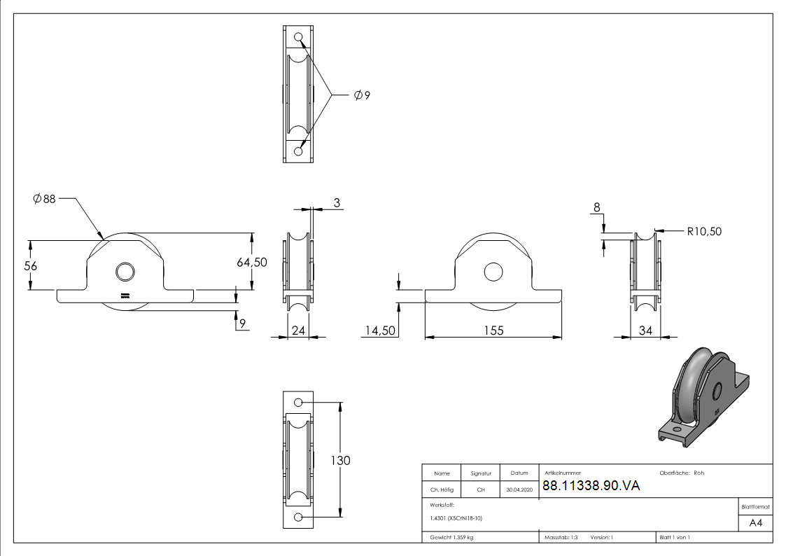 Schiebetorrolle- Ø 88mm- V2A-88-11338-90.VA