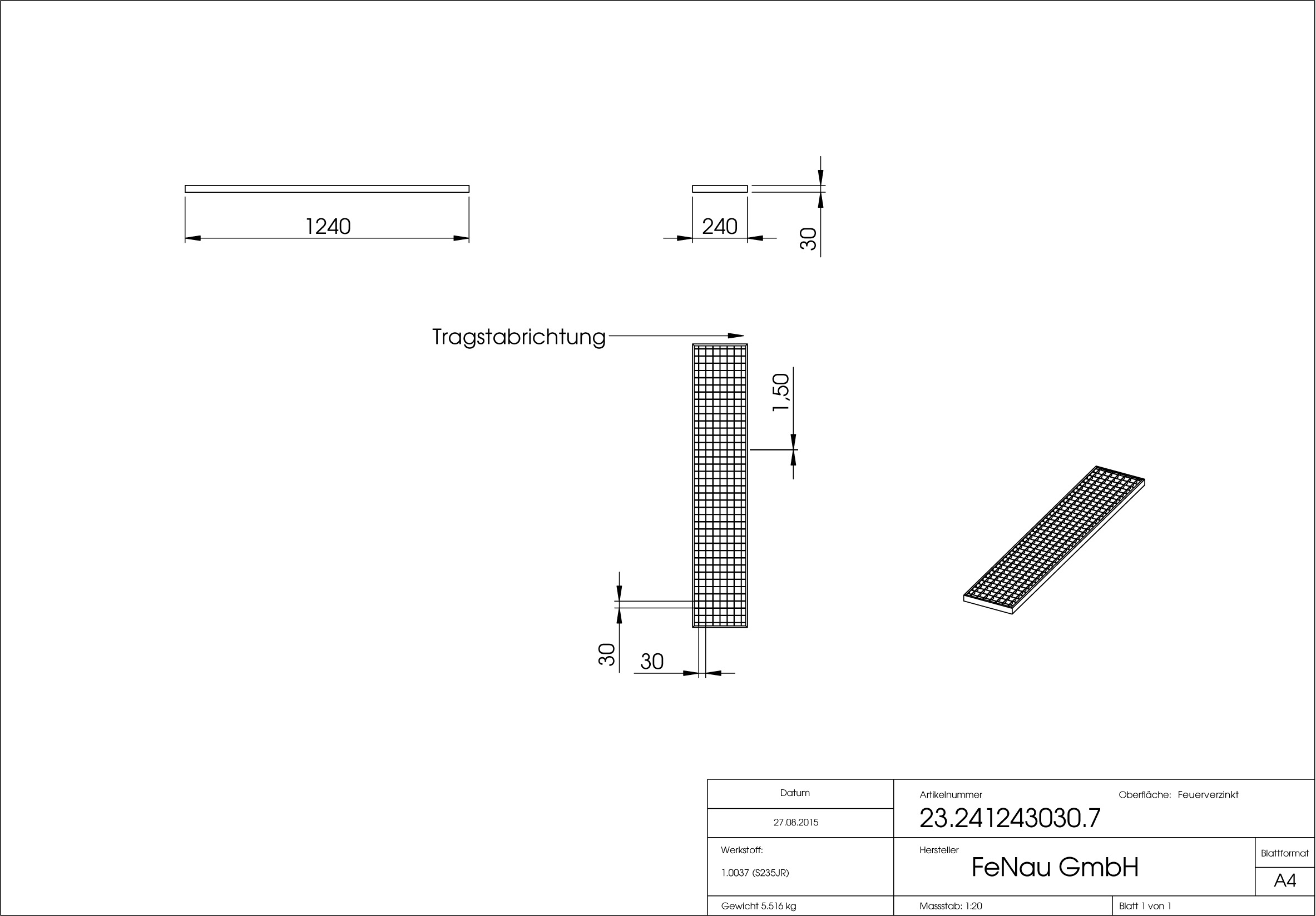 Garagen-Gitterrost | Maße:  240x1240x30 mm 30/30 mm | aus S235JR (St37-2), im Vollbad feuerverzinkt