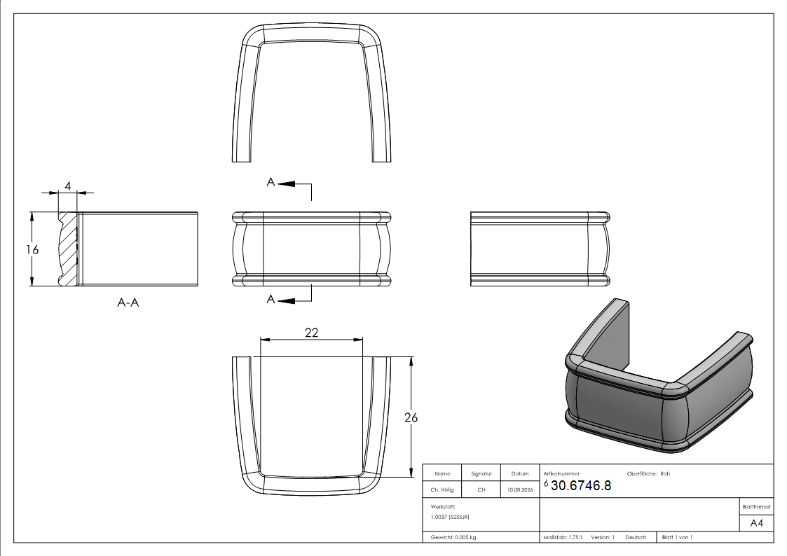 Bund - 1 Stueck - Material- 16x4 mm - Innenmass- 22x26 mm - Stahl -Roh- S235JR-30-6746.8