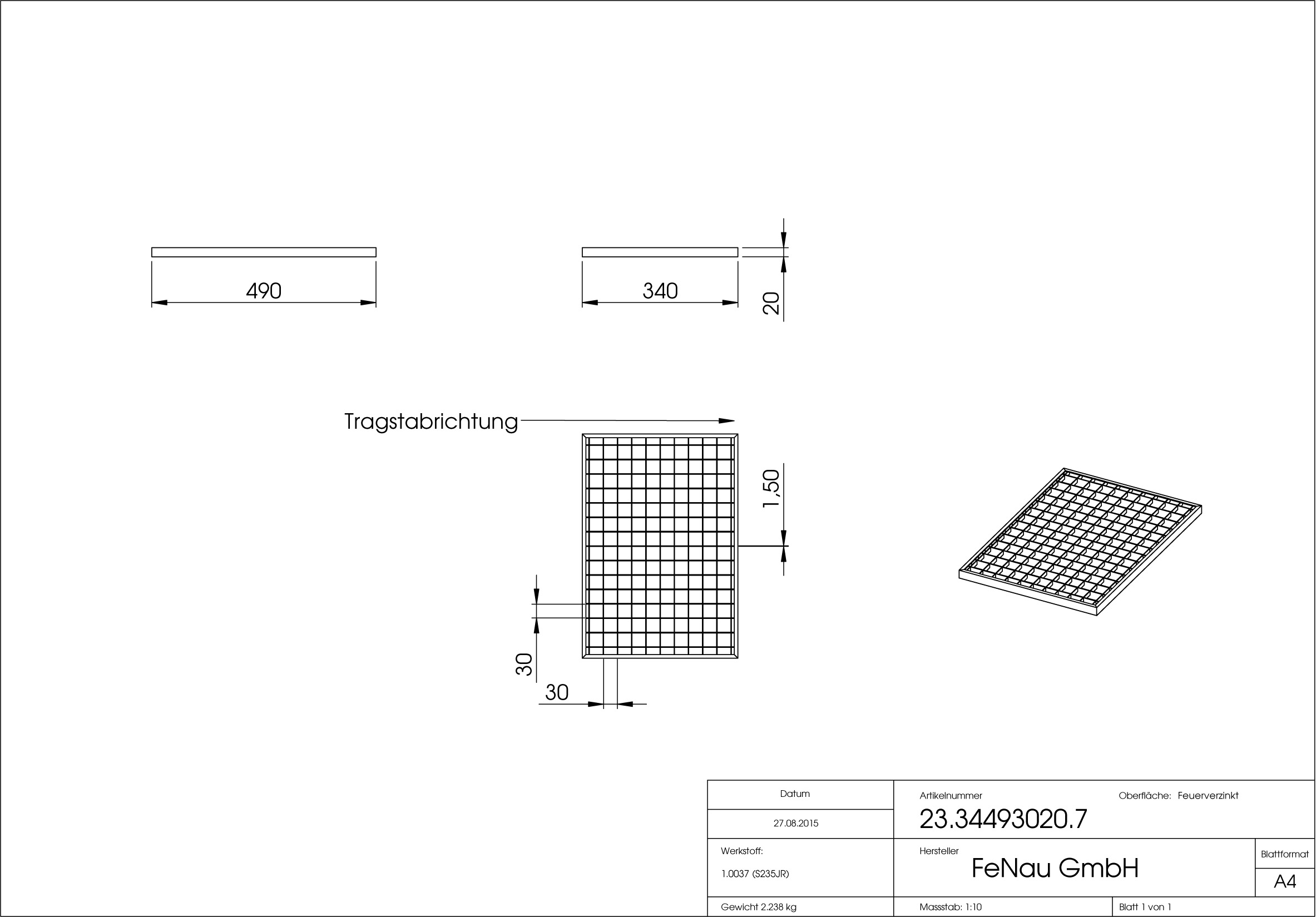 Lichtschachtrost Baunormrost | Maße:  340x490x20 mm 30/30 mm | aus S235JR (St37-2), im Vollbad feuerverzinkt