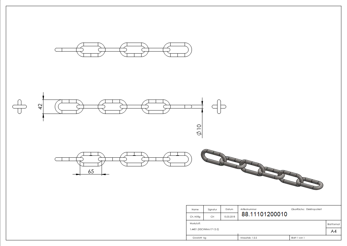 Edelstahlkette V4A Ø 10 mm langgliedrig DIN 763-88.11101200010