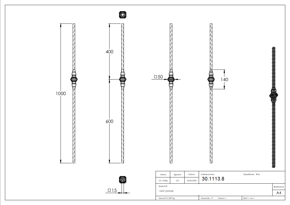 Zierstab | Länge: 900 mm | Material: 15x15 mm gehämmert | Stahl S235JR, roh