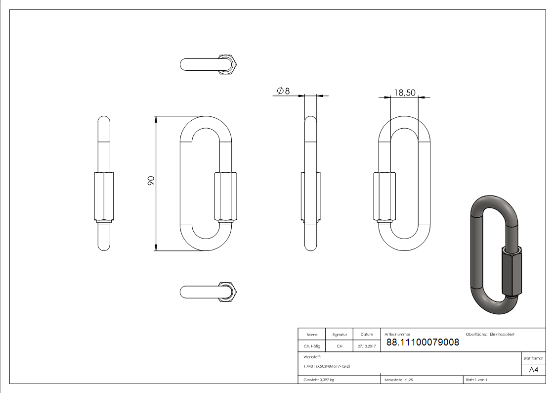 Schraubverbinder Edelstahl V4A 8 mm lang-88.11100079008