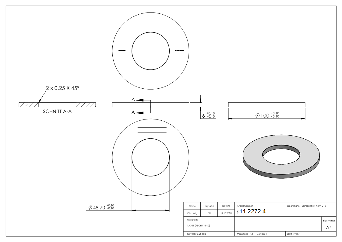 Ankerplatte Maße: Ø 100x6 mm für Rundrohr: Ø 48,3 mm mit Längsschliff V2A