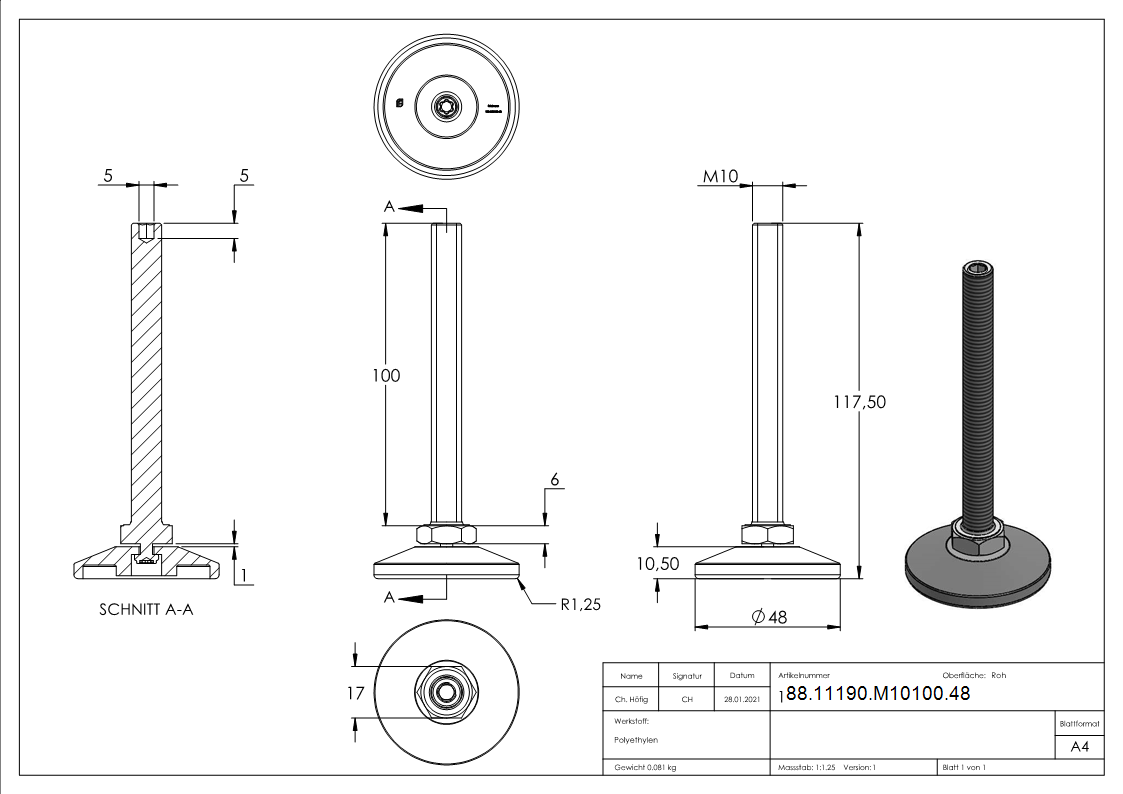 Stellfuss Stahl Kunststoff Fuss-Ø 48 mm M10x100 Innensechskant-88-11190-M10100.48