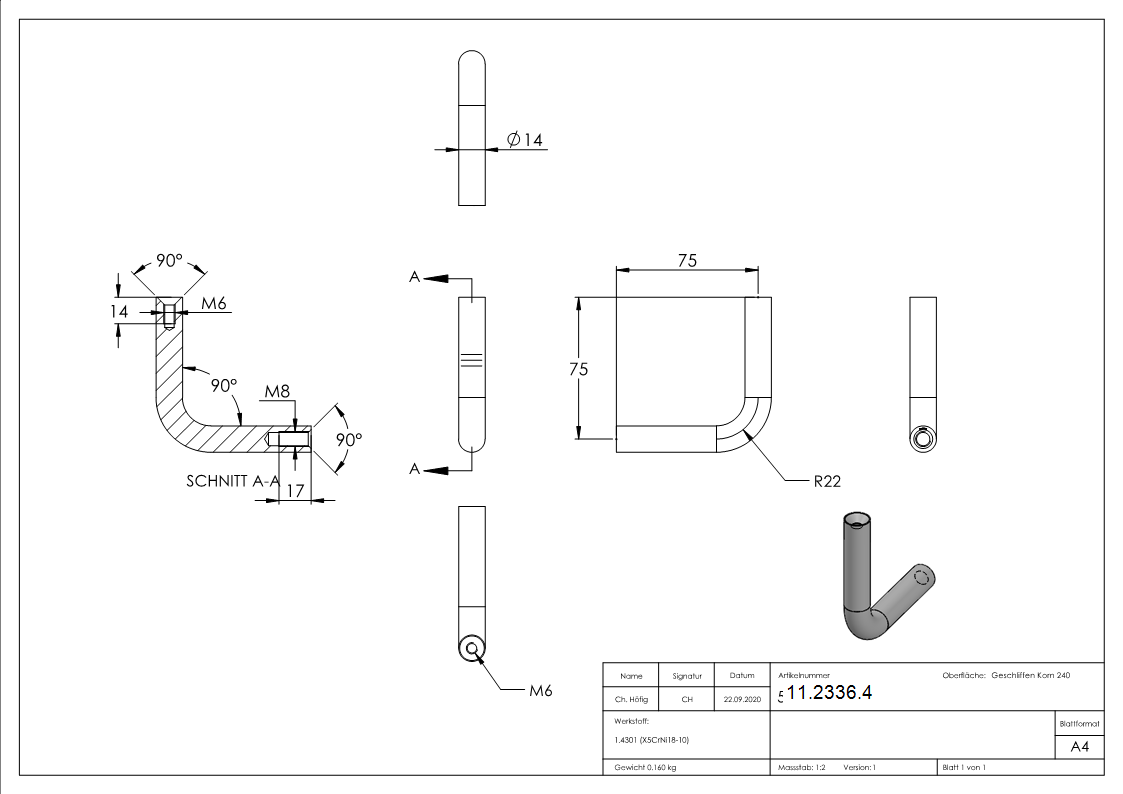 Bügel | Ø 14 mm | mit 2 x Innengewinde: M6 + M8 | V2A