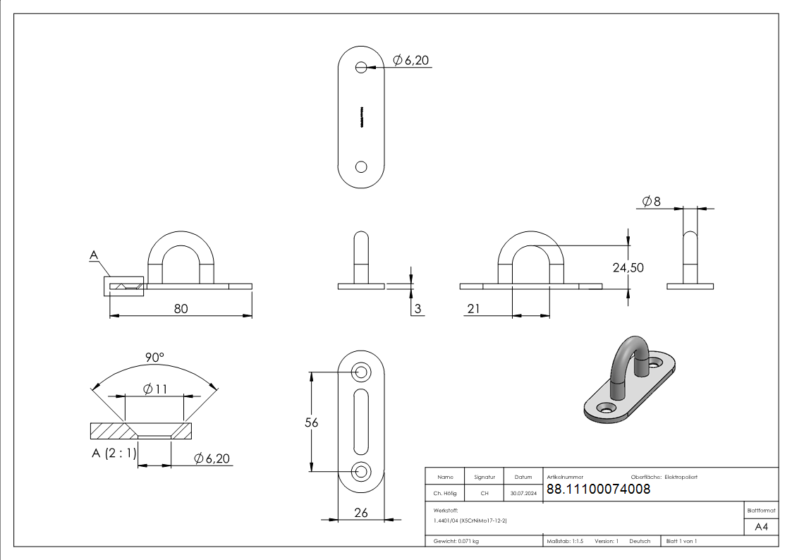 Befestigungsoese Edelstahl V4A 8 mm Rundeisen ovale Platte mit 2 Bohrungen-88.11100074008