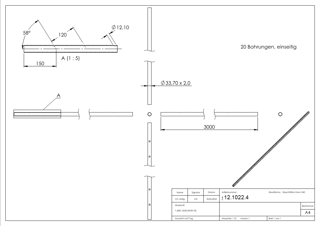 Rundrohr Ø 33-7 x 2-0 mm einseitig gelocht á 3 m Edelstahl-12-1022.4