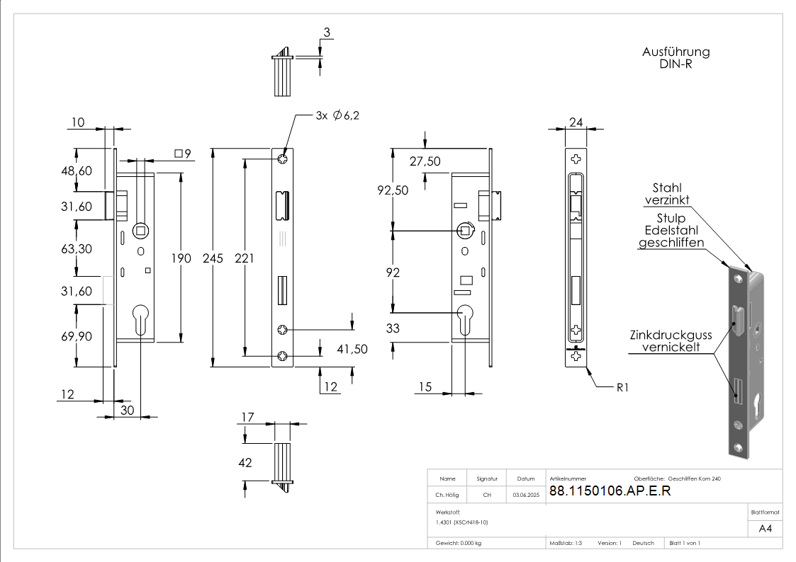 Rohrrahmenschloss verzinkt mit Dornmass 30mm- mit Anti-Panikfunktion E- DIN rechts-88-1150106-AP-E.R