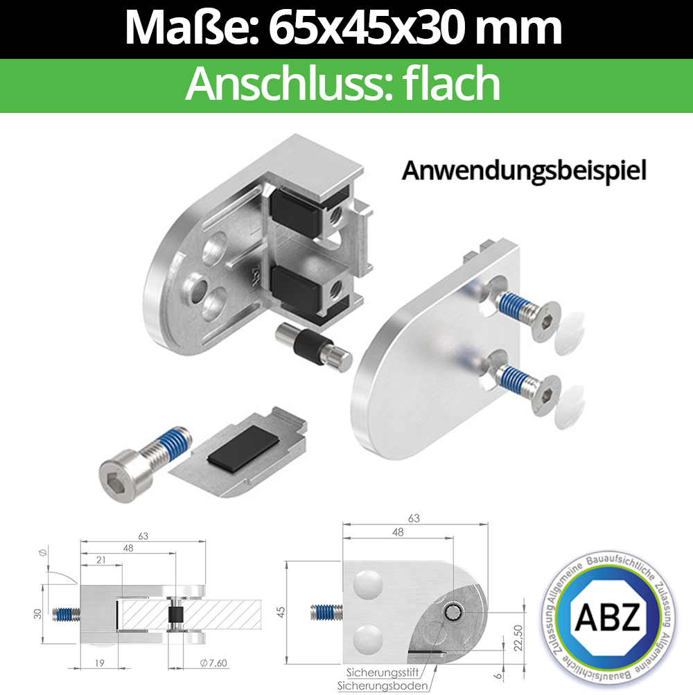 Glasklemme AbZ 63x45x30 mm Flach, für 12,76 mm VSG Glas, Sicherungsstift (Bohrung 12 mm), Ja | mit Sicherungsboden