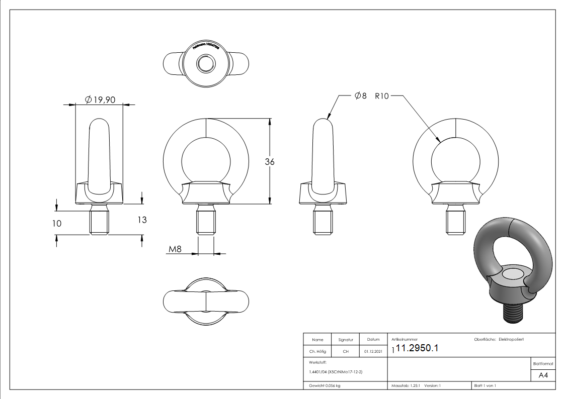 Augenbolzen mit M8 Gewinde V4A-11-2950.1